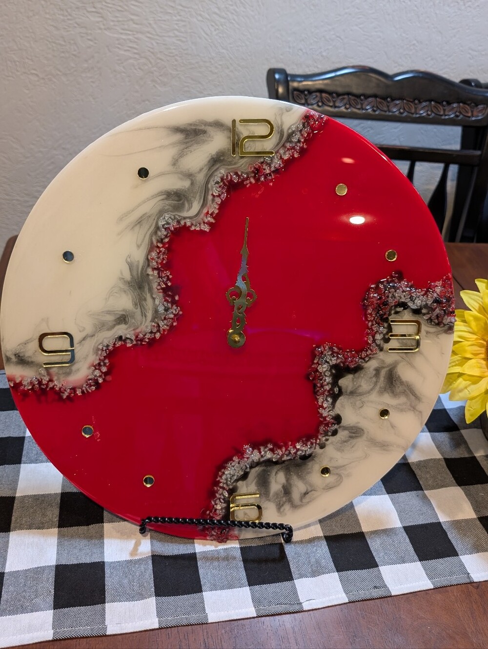 Handcrafted Red and White Resin Wall Clock. 16" Diagonally